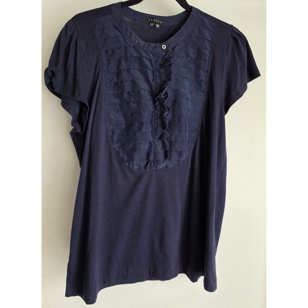 Theory Womens T-Shirt Size L Navy Blue Solid Round Neck Casual Cotton Modal
